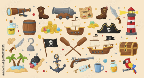 Cartoon Pirate Vector Icon Set with Treasure Ship and Nautical Adventure Elements
