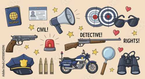Police and Detective Icon Set Vector Doodle Illustration with Law Enforcement Equipment
