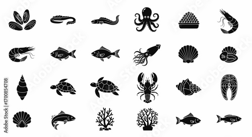 Seafood and Marine Life Vector Icon Set with Monochrome Silhouette Glyphs