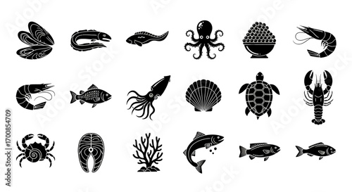 Seafood and Marine Life Vector Icon Set with Stylized Black Glyphs