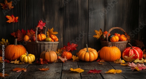 Autumn Harvest Display Featuring Pumpkins and Vibrant Fall Leaves in a Rustic...