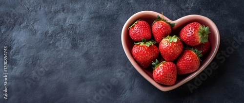 Heart-shaped Bowl Filled With Fresh Strawberries on a Dark Background in a Br...