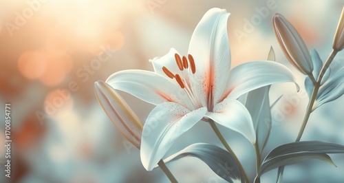 Beautiful White Lily Blooming in a Serene Garden During Sunset