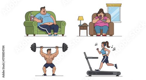 Health and Fitness Vector Illustration Set with Active and Sedentary Characters