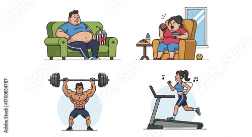 Illustration Set Vector of Healthy and Unhealthy Lifestyle Choices for Fitness Diet and Health Comparison