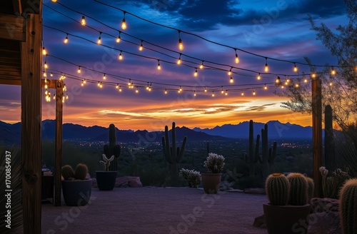 Dramatic Sunset With String Lights Illuminating Desert Landscape in Evening Glow