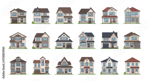 Suburban House Vector Illustration Set of Residential Buildings