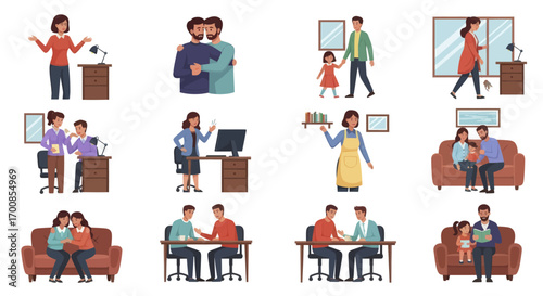 People and Relationships Vector Illustration Set with Diverse Family and Office Characters