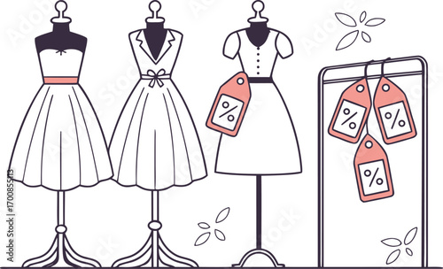 Elegant Fashion Boutique Display Featuring Stylish Dresses Mannequins and Eye Catching Sale Tags Advertising Discounts and Promotions