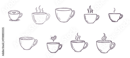 Vector icons of coffee and tea cups, mugs, and glasses, a set of hot beverages for cafe and restaurant menus