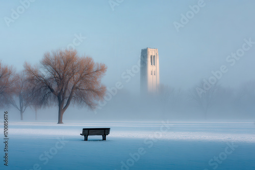 mystical winter morning reveals silhouette of bell tower engulfed in fog