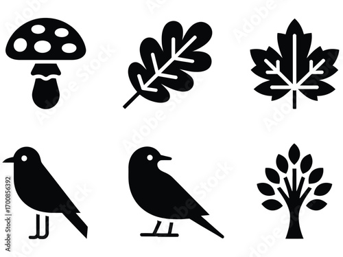 Minimalist Nature Icons Set Featuring Birds, Leaves, and Trees