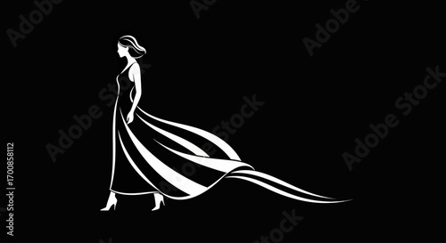 Elegant woman in a flowing evening gown rendered as a minimalist white line silhouette on black for fashion runway posters and luxury branding