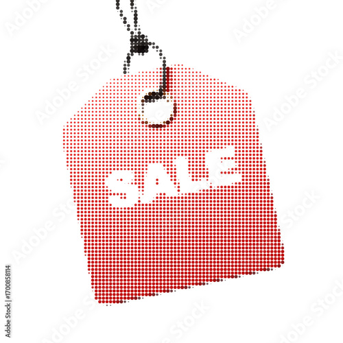 Vector halftone illustration of a red sale tag with rope, modern pop art style design element for shopping, discount, promotion, and marketing concepts.