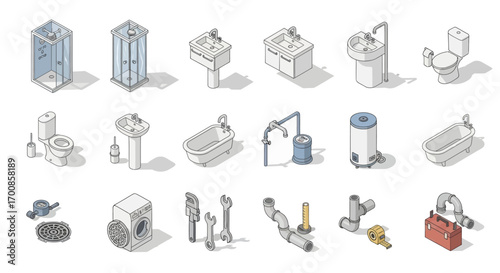 Plumbing fixtures and tools vector isometric line art set for bathroom maintenance showing sinks toilets showers bathtubs pipes water heater washing machine wrenches fittings and toolbox