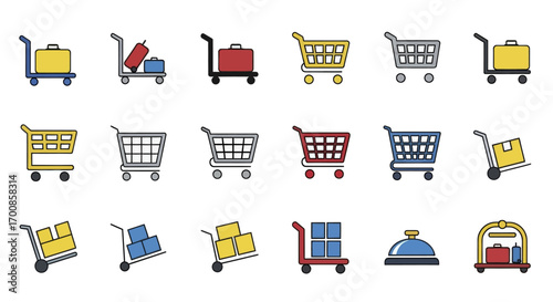 Colorful E-commerce and Travel Vector Icon Set with Shopping Carts Luggage Trolleys and Delivery Carts