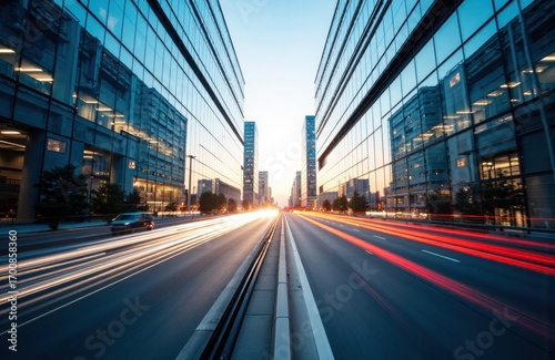 Modern city street with tall glass buildings reflecting the sky and light trails from moving vehicles