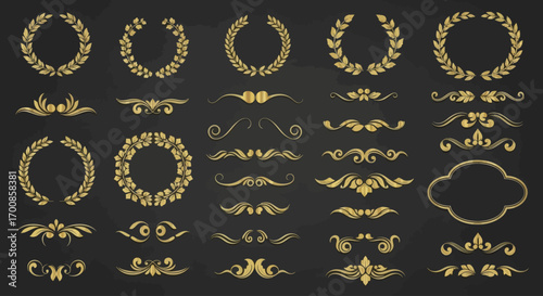 Gold laurels and vintage flourishes vector illustration in elegant metallic style featuring wreaths decorative frames dividers and ornamental swirls on dark background for luxury branding and invitati