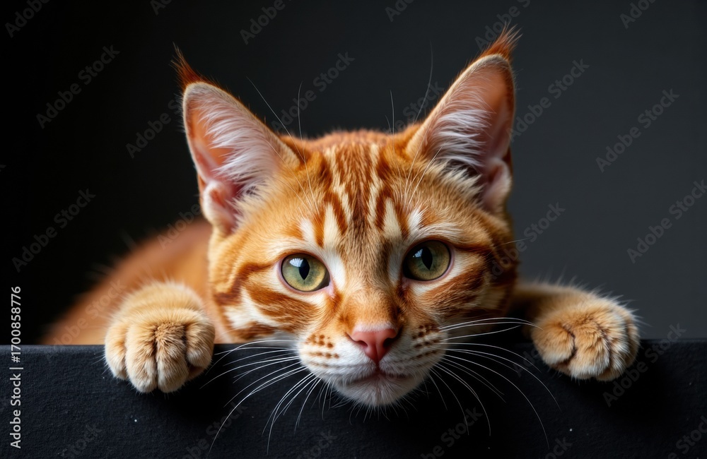 Obraz premium Playful orange tabby cat with green eyes resting on a dark surface