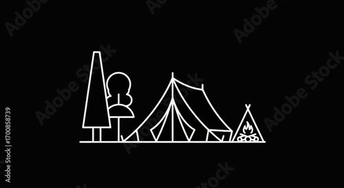 Minimalist Camping Line Art Vector Illustration with Tent and Campfire