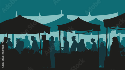 Vibrant silhouette of shoppers browsing fresh produce at an outdoor farmers market on a sunny day