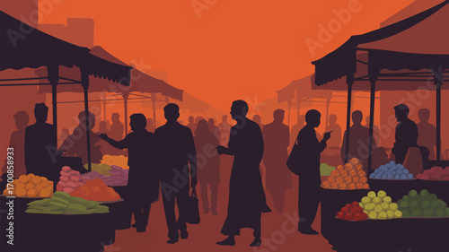 Vibrant market scene with bustling crowds buying fresh produce at sunset for a taste of local life