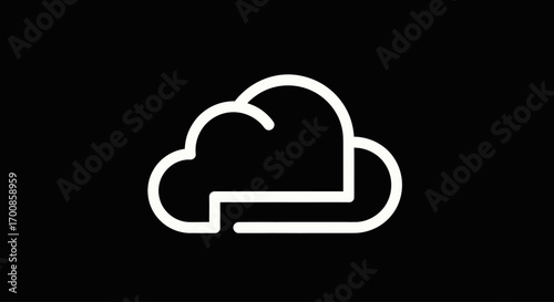 Minimal white line cloud computing icon on black background in modern outline style