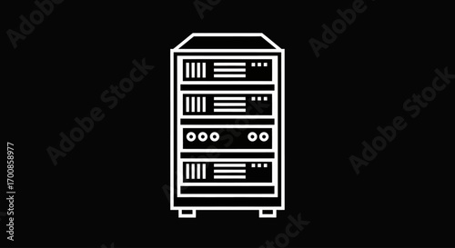 Minimalist Data Center Server Rack Vector Icon White Line Art for Technology and Web Hosting Business