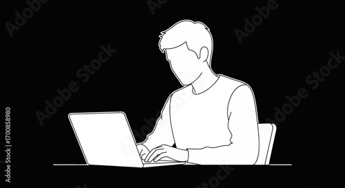 Minimalist Line Art Vector Illustration of Person Working on Laptop