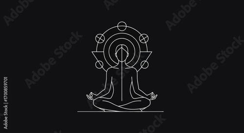 Spiritual Line Art Vector Illustration of Meditating Figure with Sacred Geometry