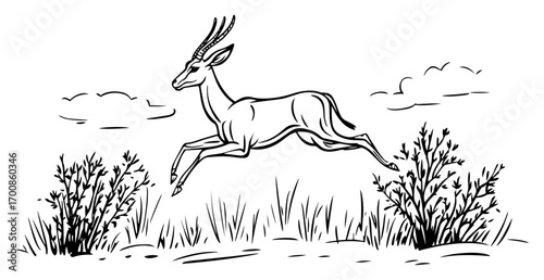 Graceful antelope leaping across a savanna trail under wide open skies — dynamic wildlife scene