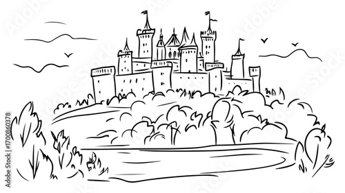 Medieval hilltop fortress overlooking a winding river valley, flags fluttering on the towers and birds circling overhead