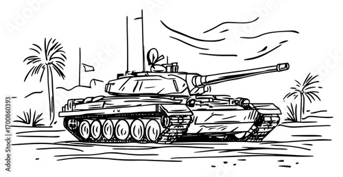 Modern battle tank rolling through desert palms — armored forces illustration