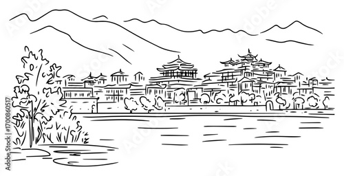 Tranquil lakeside monastery complex nestled beneath misty foothills — serene Himalayan scene
