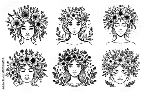 Floral goddess face collection – six feminine portraits crowned with lush spring blossoms