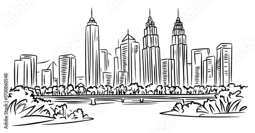 Kuala Lumpur skyline featuring Petronas Twin Towers rising above lush urban park