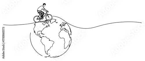Continuous line cyclist pedalling across the globe – minimalist world travel concept