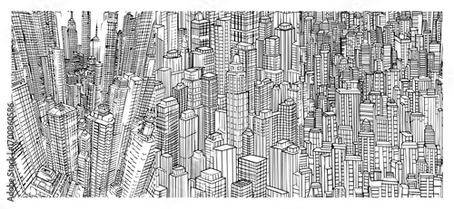 Vertigo‑inducing aerial view of packed skyscrapers – hyper‑dense downtown city core drawing