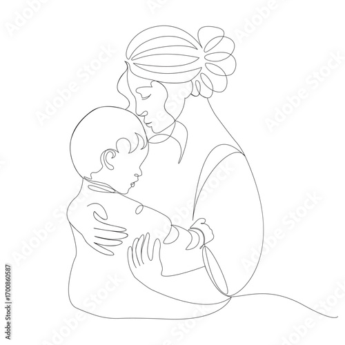 Mother and child embrace in minimalist continuous line art on white background love
