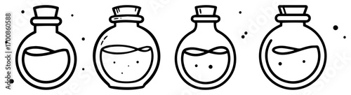 Cute potion bottle lineup with sparkling magic dust – whimsical alchemy doodle banner