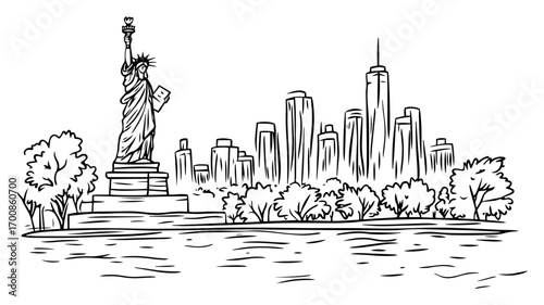 Statue of Liberty and Lower Manhattan skyline viewed across the Hudson River — iconic New York landmark sketch