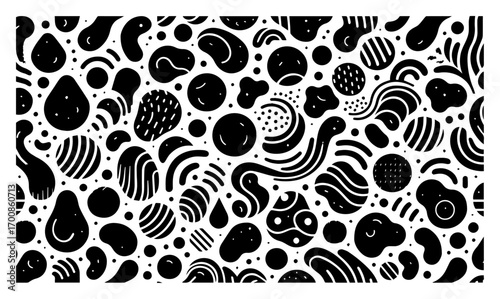 Seamless abstract blob pattern filled with playful organic shapes and dotted accents