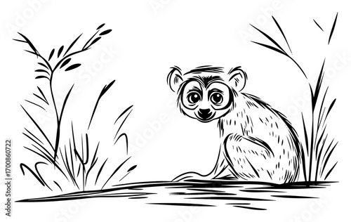 Wide‑eyed lemur perched among riverbank reeds — charming Madagascar wildlife drawing