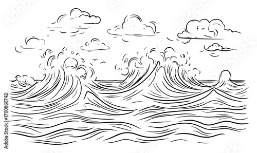 Stormy ocean waves rolling under drifting clouds — dynamic hand‑drawn seascape sketch