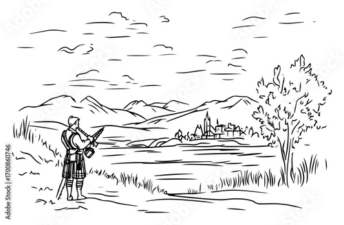 Kilted bagpiper overlooking misty Highland loch and distant village — romantic Scottish landscape