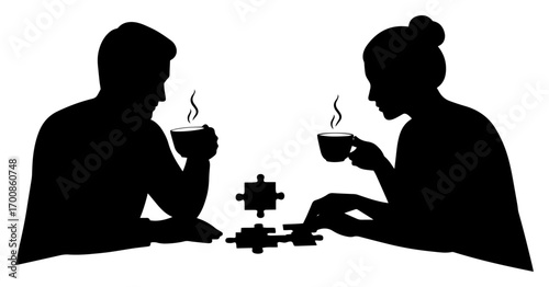 Friends sipping coffee and building a tabletop tower — cozy board‑game silhouette scene