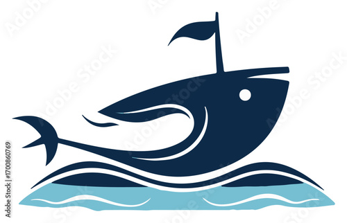 Stylised blue shark leaping above waves – bold aquatic logo emblem