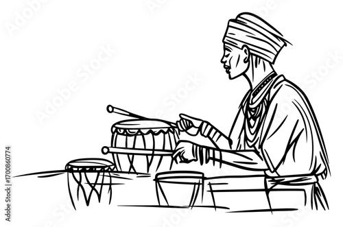 African percussionist playing hand drums — rhythmic cultural music sketch