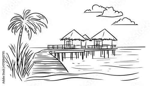 Over‑water bungalows at tropical resort jetty with palm and calm lagoon – paradise vacation sketch
