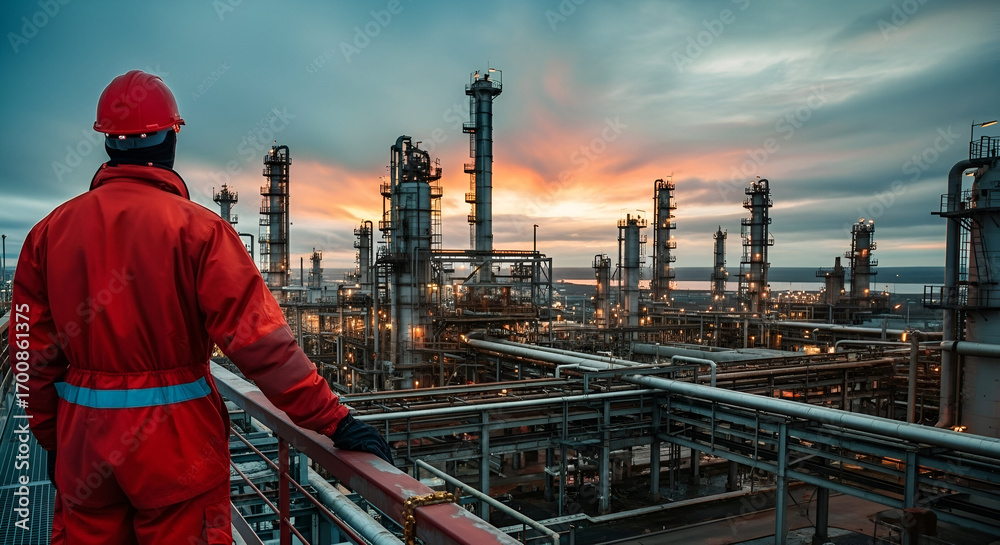 Naklejka premium Industrial worker overlooking a petrochemical plant at dusk Generative AI image